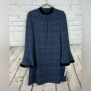 🆕 Donna Morgan Size 6 Classic Modest Blue Black Knit Dress With Bell Sleeves